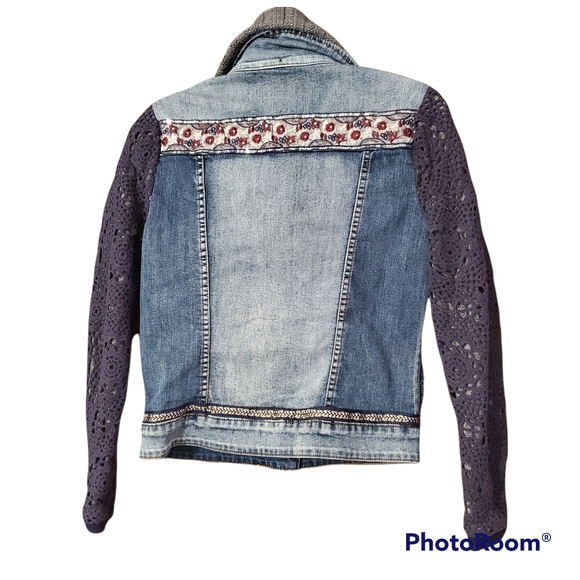 Desigual jean jacket with crochet knit overlay removable collar size 38 - Picture 2 of 16
